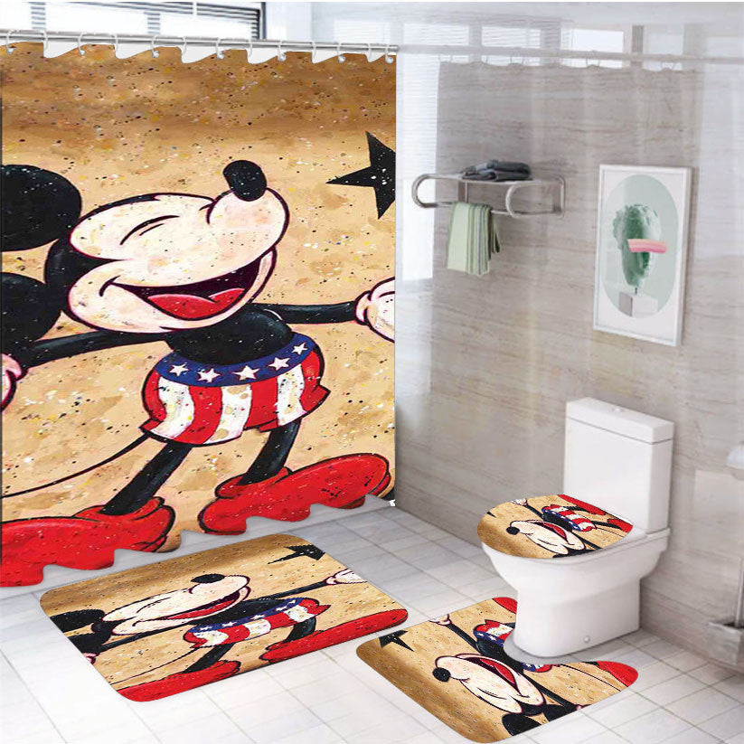 Walt Disney Micky Mouse 4Pcs Bathroom Non-Slip Rugs Shower Curtain Fabric Waterproof