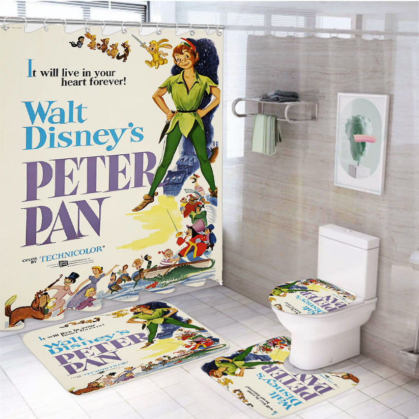 Walt Disney Peter Pan 4Pcs Bathroom Non-Slip Rugs Shower Curtain Fabric Waterproof