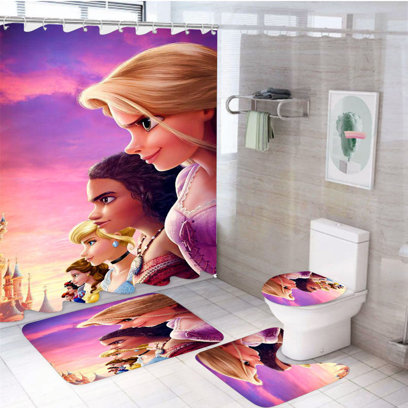 Walt Disney Princess Characters 4Pcs Bathroom Non-Slip Rugs Shower Curtain Fabric Waterproof