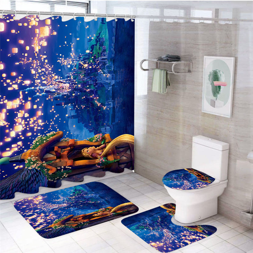 Walt Disney Tangled 4Pcs Bathroom Non-Slip Rugs Shower Curtain Fabric Waterproof