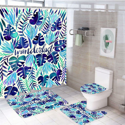 Wanderlust Leave Pattern 4Pcs Bathroom Non-Slip Rugs Shower Curtain Fabric Waterproof