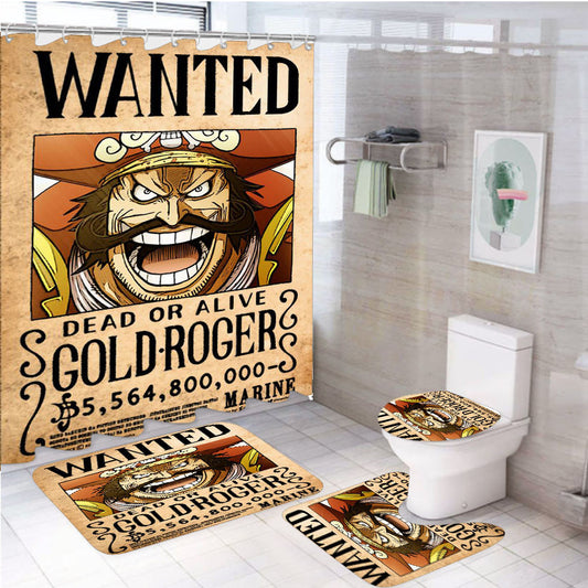 Wanted Poster Gold D Roger Onepiece 4Pcs Bathroom Non-Slip Rugs Shower Curtain Fabric Waterproof