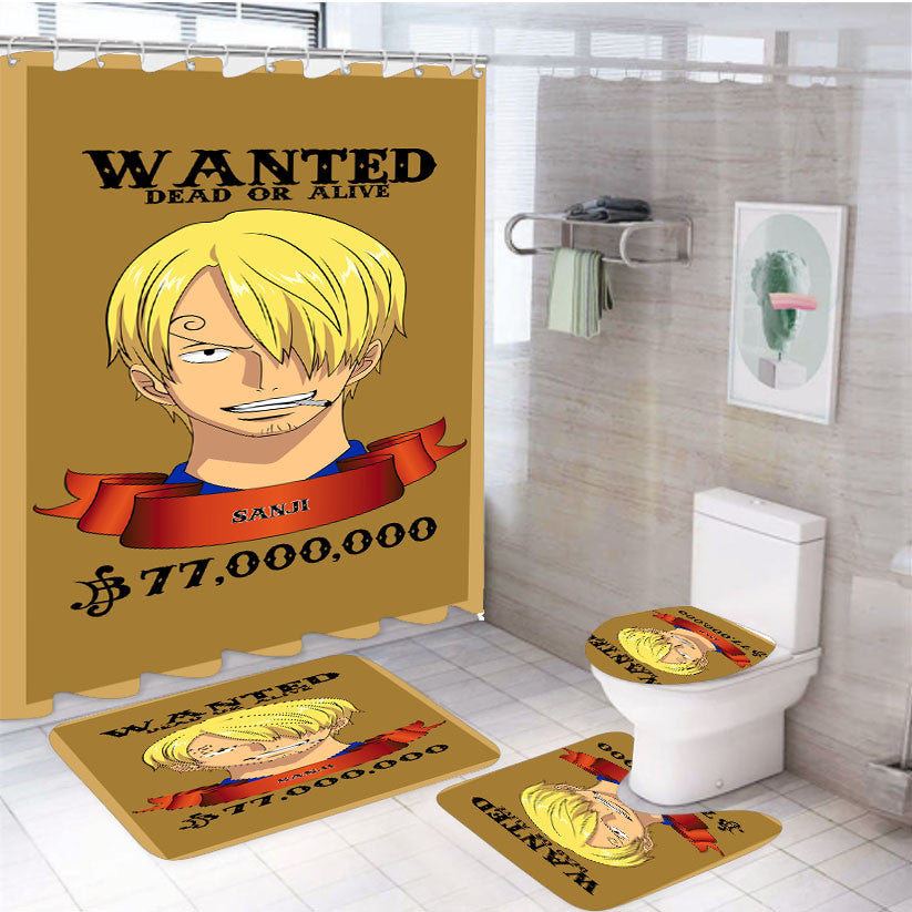 Wanted Sanji Onepiece 4Pcs Bathroom Non-Slip Rugs Shower Curtain Fabric Waterproof