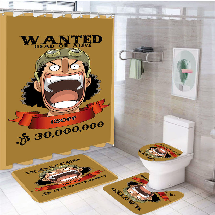 Wanted Usopp One Piece 4Pcs Bathroom Non-Slip Rugs Shower Curtain Fabric Waterproof
