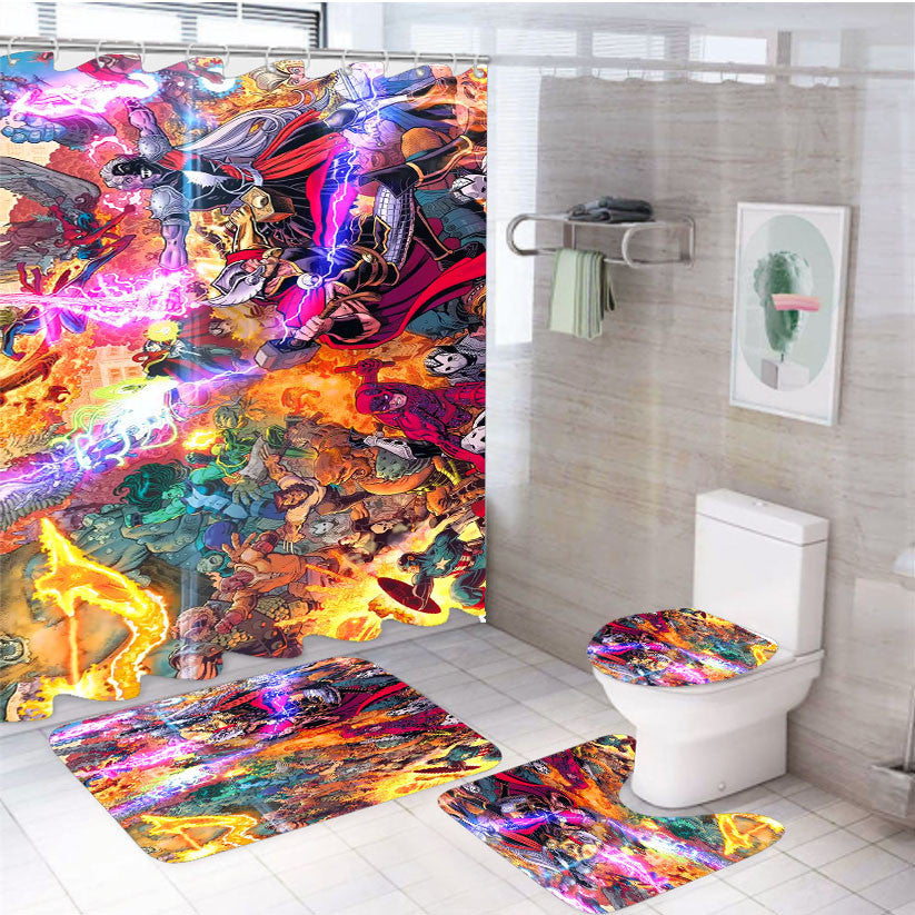 War Of Realm Marvel 4Pcs Bathroom Non-Slip Rugs Shower Curtain Fabric Waterproof