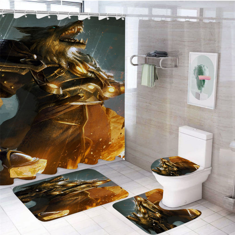 Warcraft Wolf Angry 4Pcs Bathroom Non-Slip Rugs Shower Curtain Fabric Waterproof