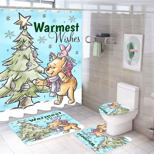 Warmest Wishes Winnie The Pooh 4Pcs Bathroom Non-Slip Rugs Shower Curtain Fabric Waterproof