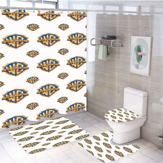 Warner Bros Logo Pattern 4Pcs Bathroom Non-Slip Rugs Shower Curtain Fabric Waterproof