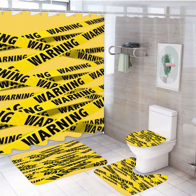 Warning Police Line Pattern 4Pcs Bathroom Non-Slip Rugs Shower Curtain Fabric Waterproof