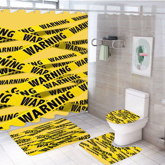 Warning Police Line Pattern 4Pcs Bathroom Non-Slip Rugs Shower Curtain Fabric Waterproof