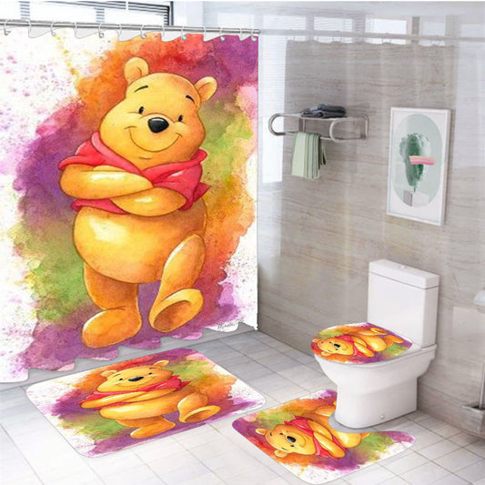 Water Colour Winnie The Pooh Bear 4Pcs Bathroom Non-Slip Rugs Shower Curtain Fabric Waterproof