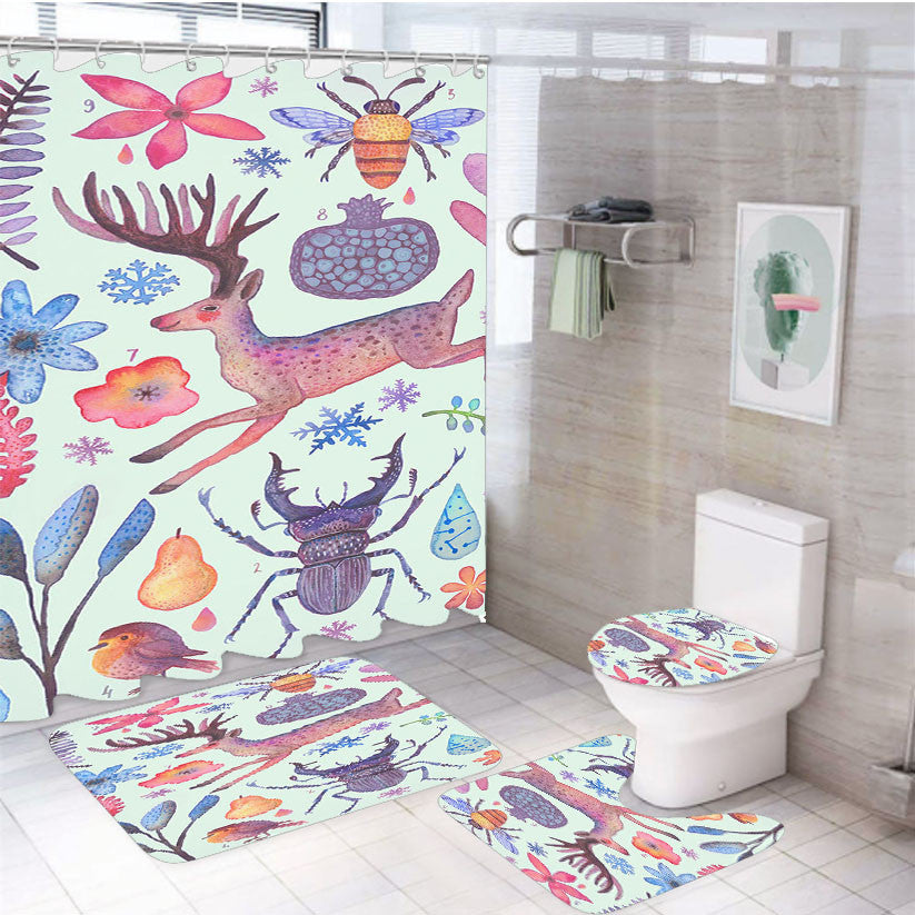 Water Colur Pattern Animal 4Pcs Bathroom Non-Slip Rugs Shower Curtain Fabric Waterproof