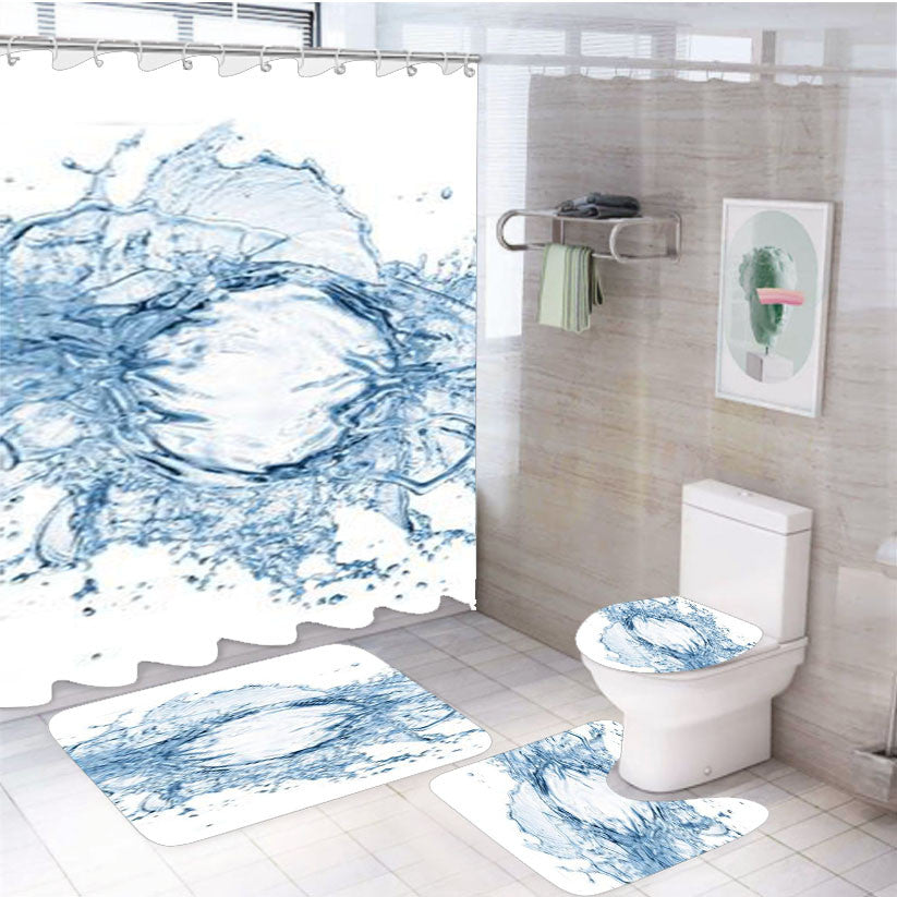 Water Splash Abstract White 4Pcs Bathroom Non-Slip Rugs Shower Curtain Fabric Waterproof