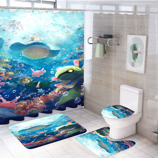 Water Types Pokemon Characters 4Pcs Bathroom Non-Slip Rugs Shower Curtain Fabric Waterproof