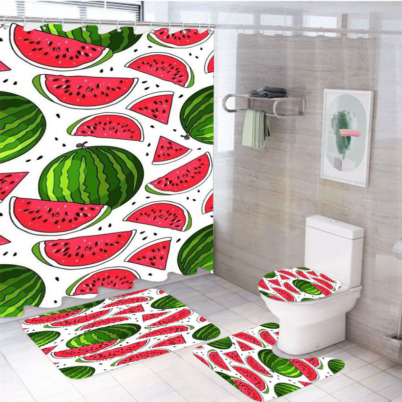 Watermelon Fruit Pattern 4Pcs Bathroom Non-Slip Rugs Shower Curtain Fabric Waterproof