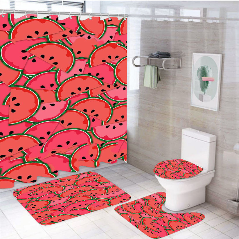Watermelon Pattern 4Pcs Bathroom Non-Slip Rugs Shower Curtain Fabric Waterproof