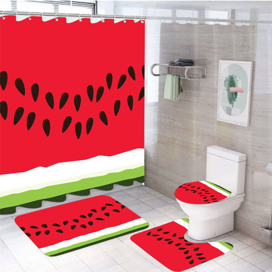 Watermelon Skin Pattern 4Pcs Bathroom Non-Slip Rugs Shower Curtain Fabric Waterproof