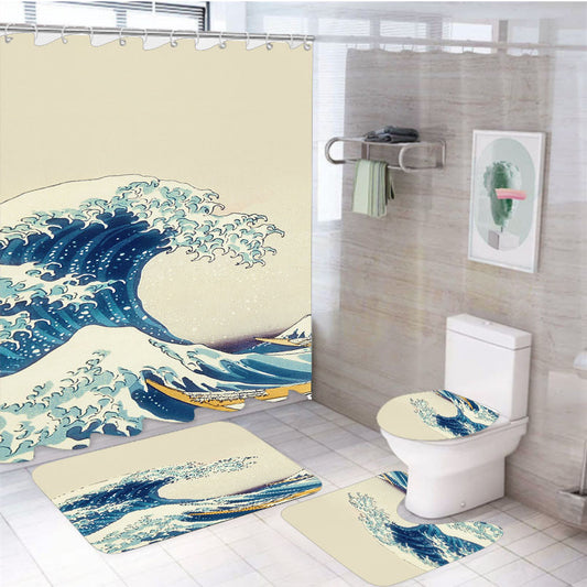Wave Art Hokusai Japanese Paint Illust Clasic 4Pcs Bathroom Non-Slip Rugs Shower Curtain Fabric Waterproof