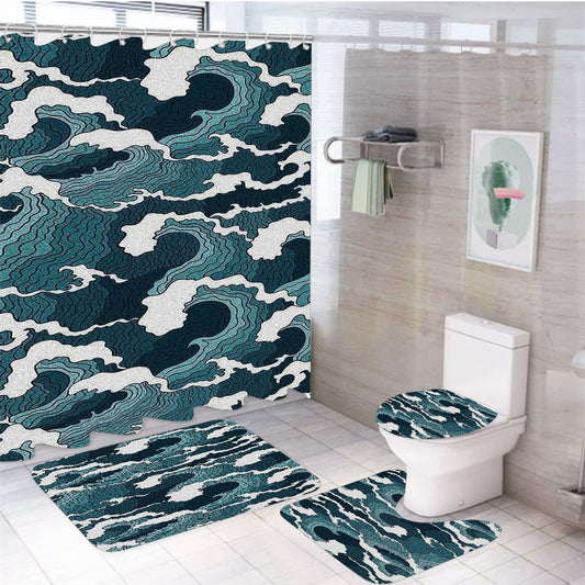 Wave Tsunami Pattern Japanese Style 4Pcs Bathroom Non-Slip Rugs Shower Curtain Fabric Waterproof