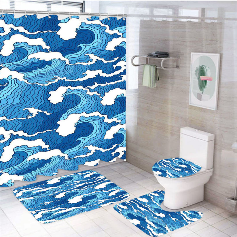 Waves Of Japan Pattern 4Pcs Bathroom Non-Slip Rugs Shower Curtain Fabric Waterproof