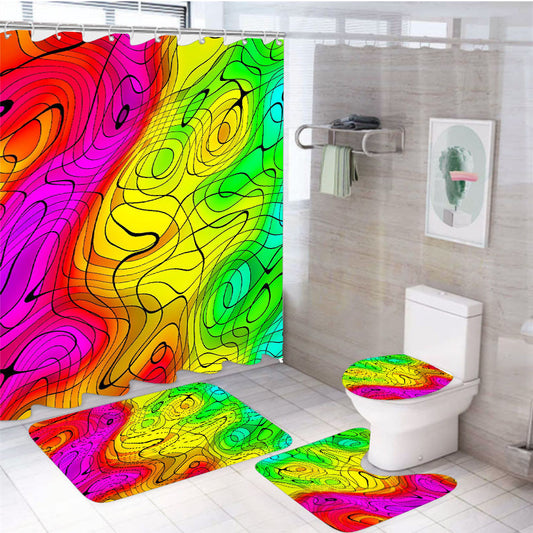 Wavy Lines Abstract 4Pcs Bathroom Non-Slip Rugs Shower Curtain Fabric Waterproof