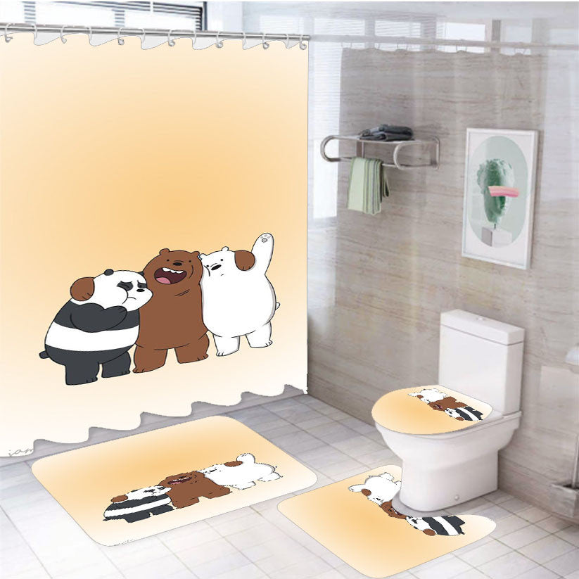 We Are Bears Orange 4Pcs Bathroom Non-Slip Rugs Shower Curtain Fabric Waterproof