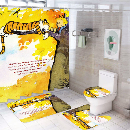 We Are So Busy Watching Out Calvin And Hobbes 4Pcs Bathroom Non-Slip Rugs Shower Curtain Fabric Waterproof
