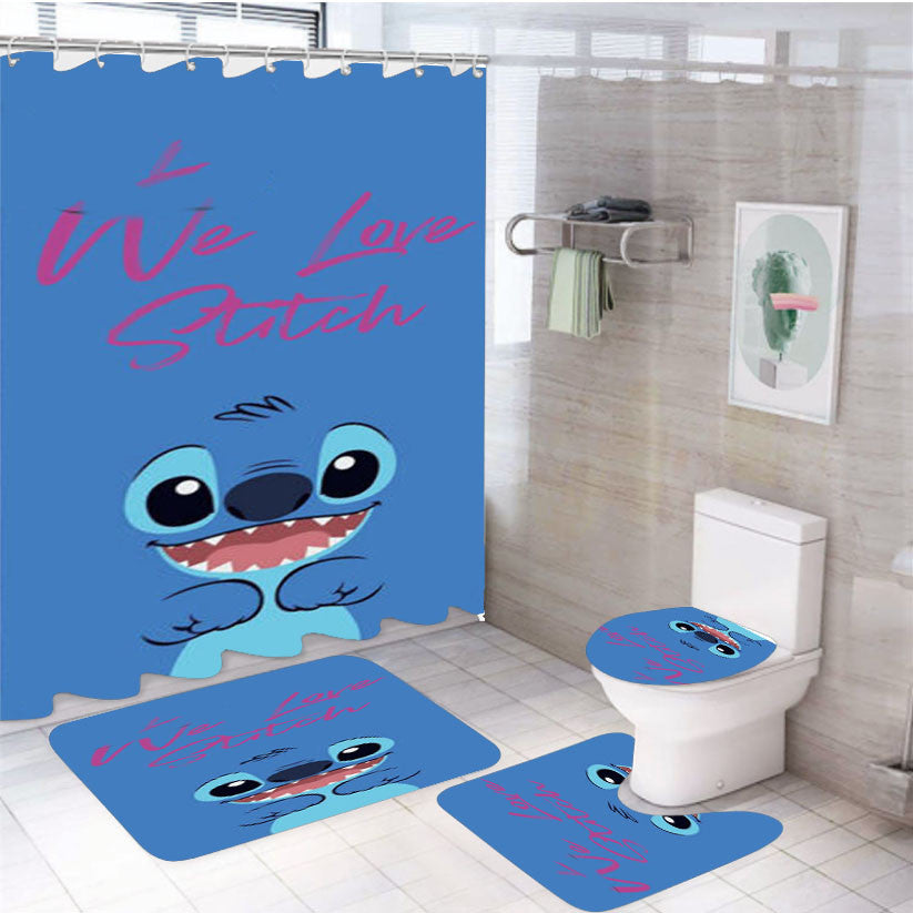 We Love Stitch Disney 4Pcs Bathroom Non-Slip Rugs Shower Curtain Fabric Waterproof