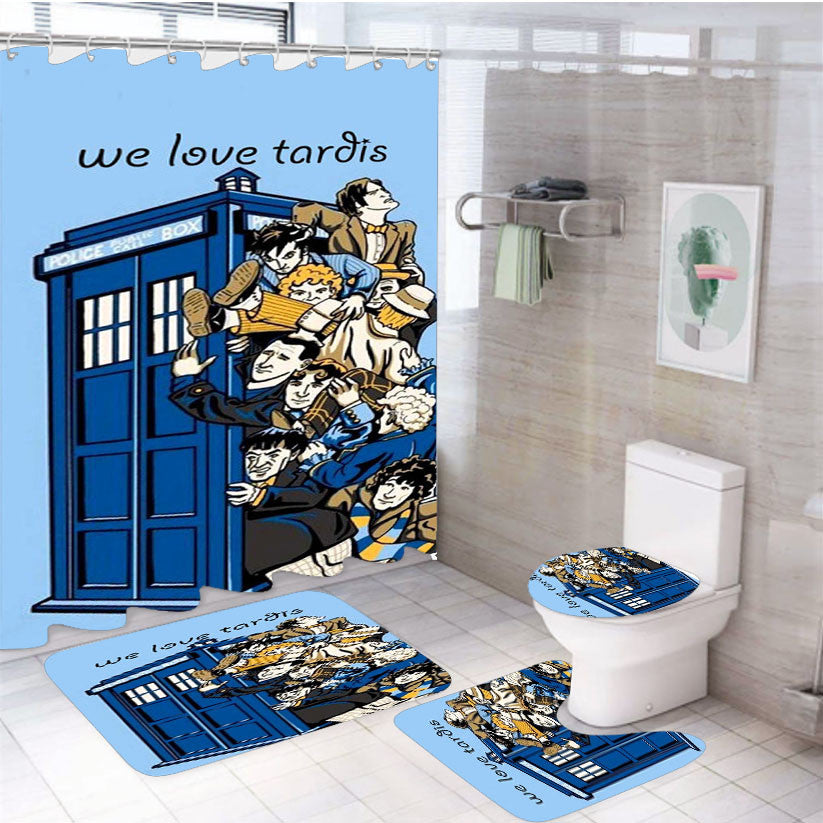 We Love Tardis 4Pcs Bathroom Non-Slip Rugs Shower Curtain Fabric Waterproof