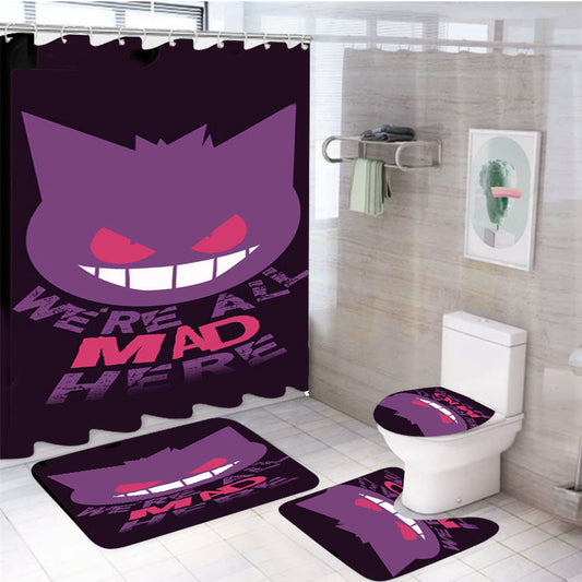 We'Re All Mad Here Gengar Pokemon 4Pcs Bathroom Non-Slip Rugs Shower Curtain Fabric Waterproof
