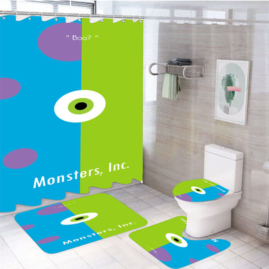 We Scare Because We Care Monster Inc 4Pcs Bathroom Non-Slip Rugs Shower Curtain Fabric Waterproof