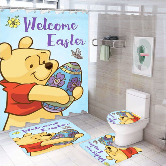 Welcome Easter Winnie The Pooh 4Pcs Bathroom Non-Slip Rugs Shower Curtain Fabric Waterproof
