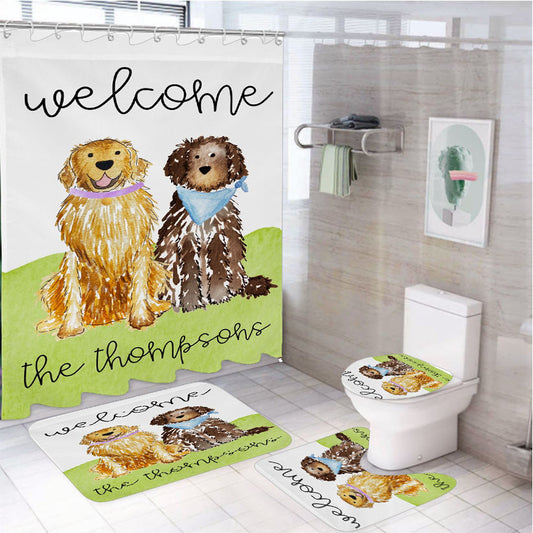 Welcome Mix And Match Pet 4Pcs Bathroom Non-Slip Rugs Shower Curtain Fabric Waterproof