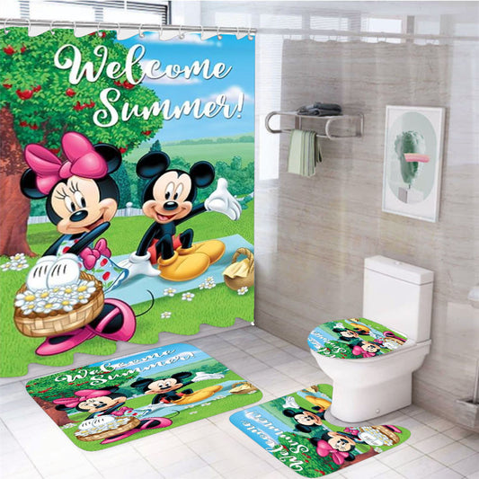 Welcome Summer 4Pcs Bathroom Non-Slip Rugs Shower Curtain Fabric Waterproof