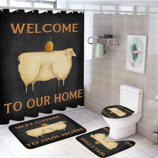 Welcome To Our Home Primitive Sheep And Pineapple 4Pcs Bathroom Non-Slip Rugs Shower Curtain Fabric Waterproof