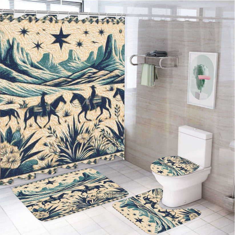 Western Desert Stars 4Pcs Bathroom Non-Slip Rugs Shower Curtain Fabric Waterproof