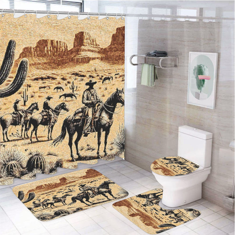 Western Horsemen 4Pcs Bathroom Non-Slip Rugs Shower Curtain Fabric Waterproof