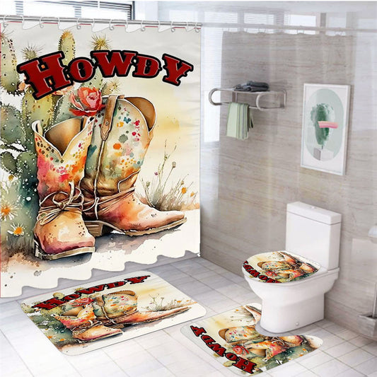 Western Style 4Pcs Bathroom Non-Slip Rugs Shower Curtain Fabric Waterproof