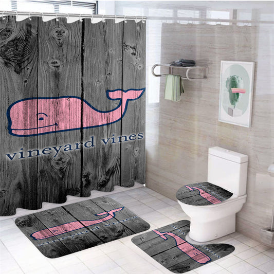 Whale Vineyard Vine Logo Dark Wood Wallpaper 4Pcs Bathroom Non-Slip Rugs Shower Curtain Fabric Waterproof