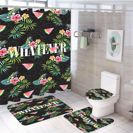 Whatever Watermelons Flower 4Pcs Bathroom Non-Slip Rugs Shower Curtain Fabric Waterproof