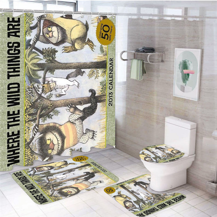 Where The Wild Things 4Pcs Bathroom Non-Slip Rugs Shower Curtain Fabric Waterproof