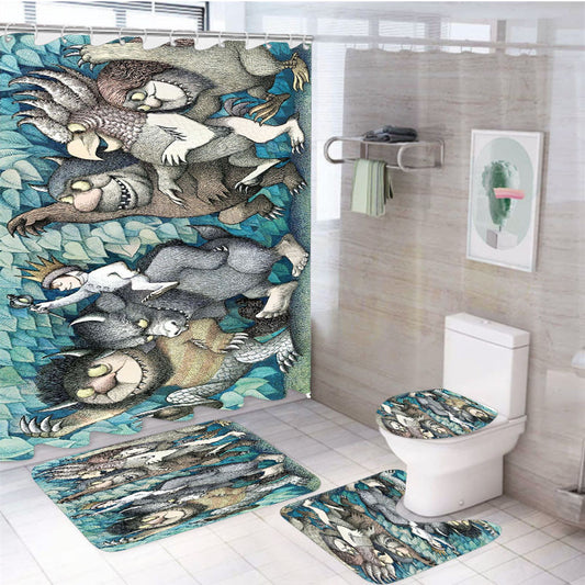 Where The Wild Things Are Art 4Pcs Bathroom Non-Slip Rugs Shower Curtain Fabric Waterproof