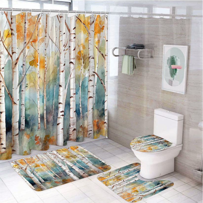 White Birch Trees 4Pcs Bathroom Non-Slip Rugs Shower Curtain Fabric Waterproof
