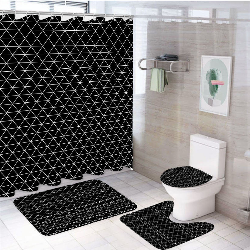 White Black Geometric Triangle Pattern 4Pcs Bathroom Non-Slip Rugs Shower Curtain Fabric Waterproof