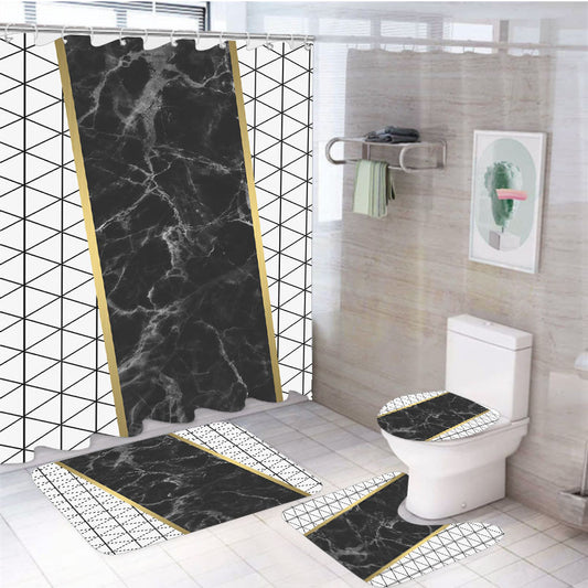 White Black Marble Geometric Triangle And Gold Line Pattern 4Pcs Bathroom Non-Slip Rugs Shower Curtain Fabric Waterproof