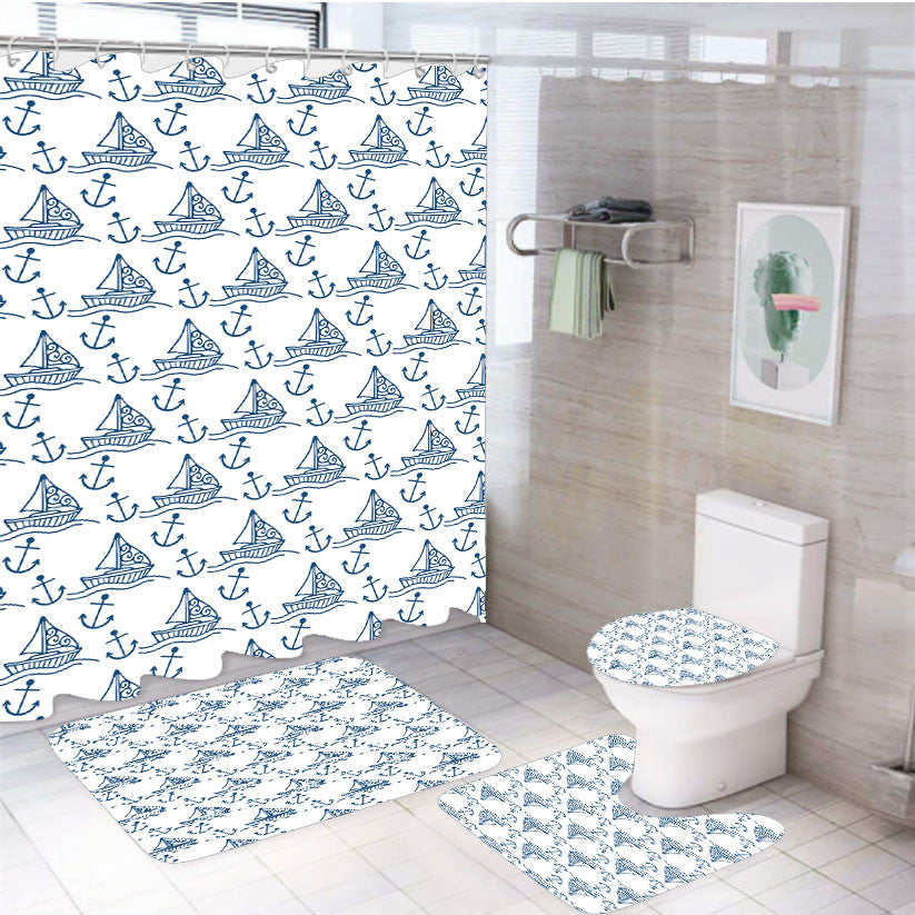 White Blue Sailor Ship Pattern 4Pcs Bathroom Non-Slip Rugs Shower Curtain Fabric Waterproof