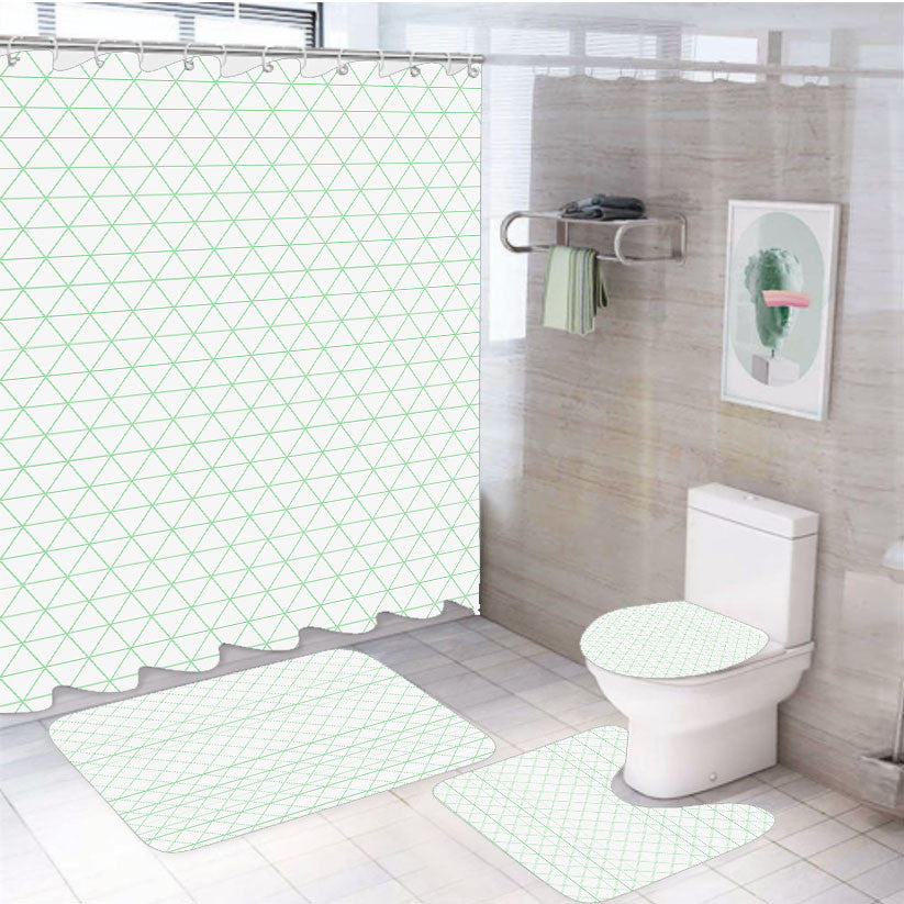 White Green Geometric Triangle Pattern 4Pcs Bathroom Non-Slip Rugs Shower Curtain Fabric Waterproof