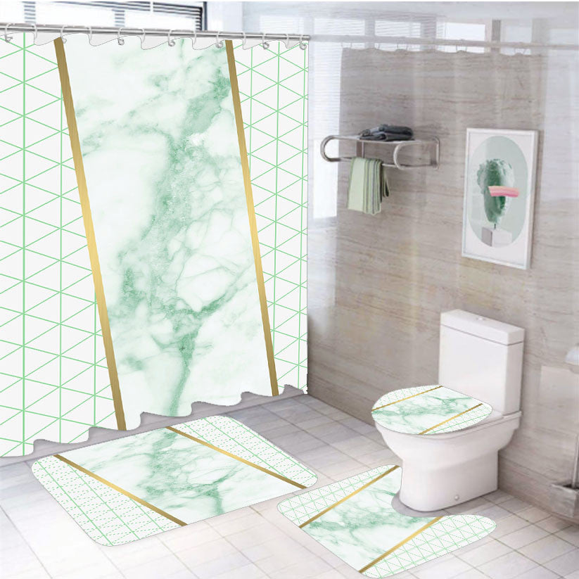 White Green Marble Geometric Triangle And Gold Line Pattern 4Pcs Bathroom Non-Slip Rugs Shower Curtain Fabric Waterproof