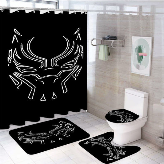 White Line Mask Black Panther 4Pcs Bathroom Non-Slip Rugs Shower Curtain Fabric Waterproof