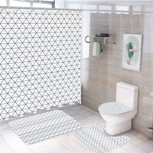 White Navy Geometric Triangle Pattern 4Pcs Bathroom Non-Slip Rugs Shower Curtain Fabric Waterproof
